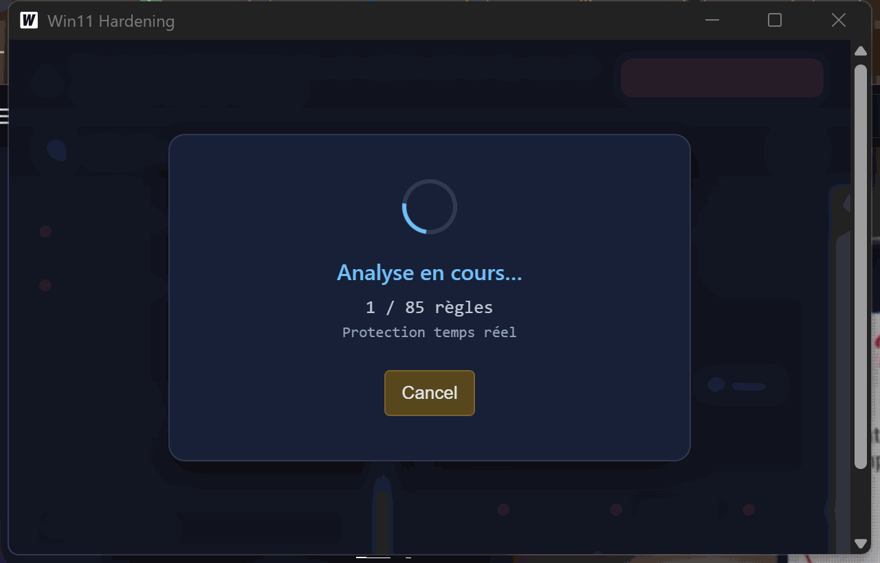 Apply screen with progress bars per rule, Windows Restore Point check at top, and an in-use detection skipping RDP.