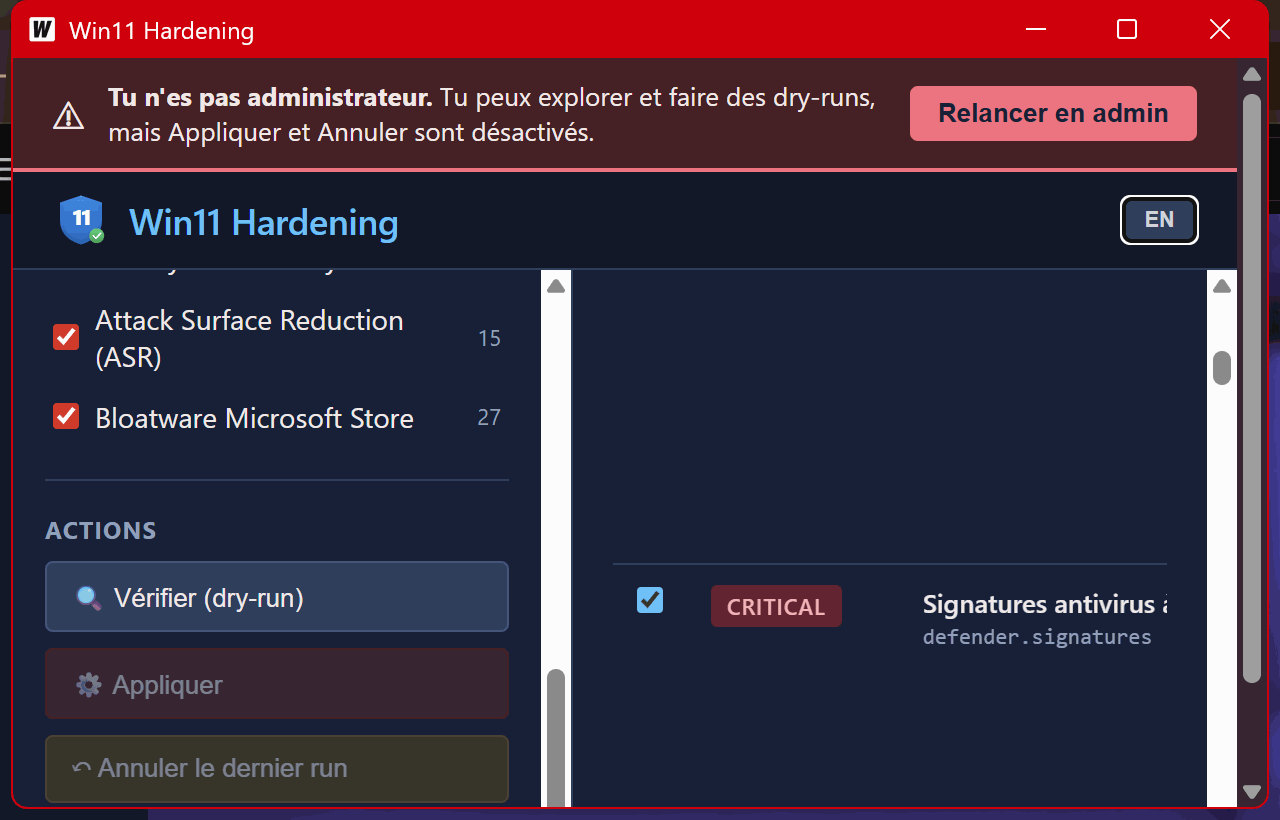 EN/FR language toggle in the top-right corner of the interface.